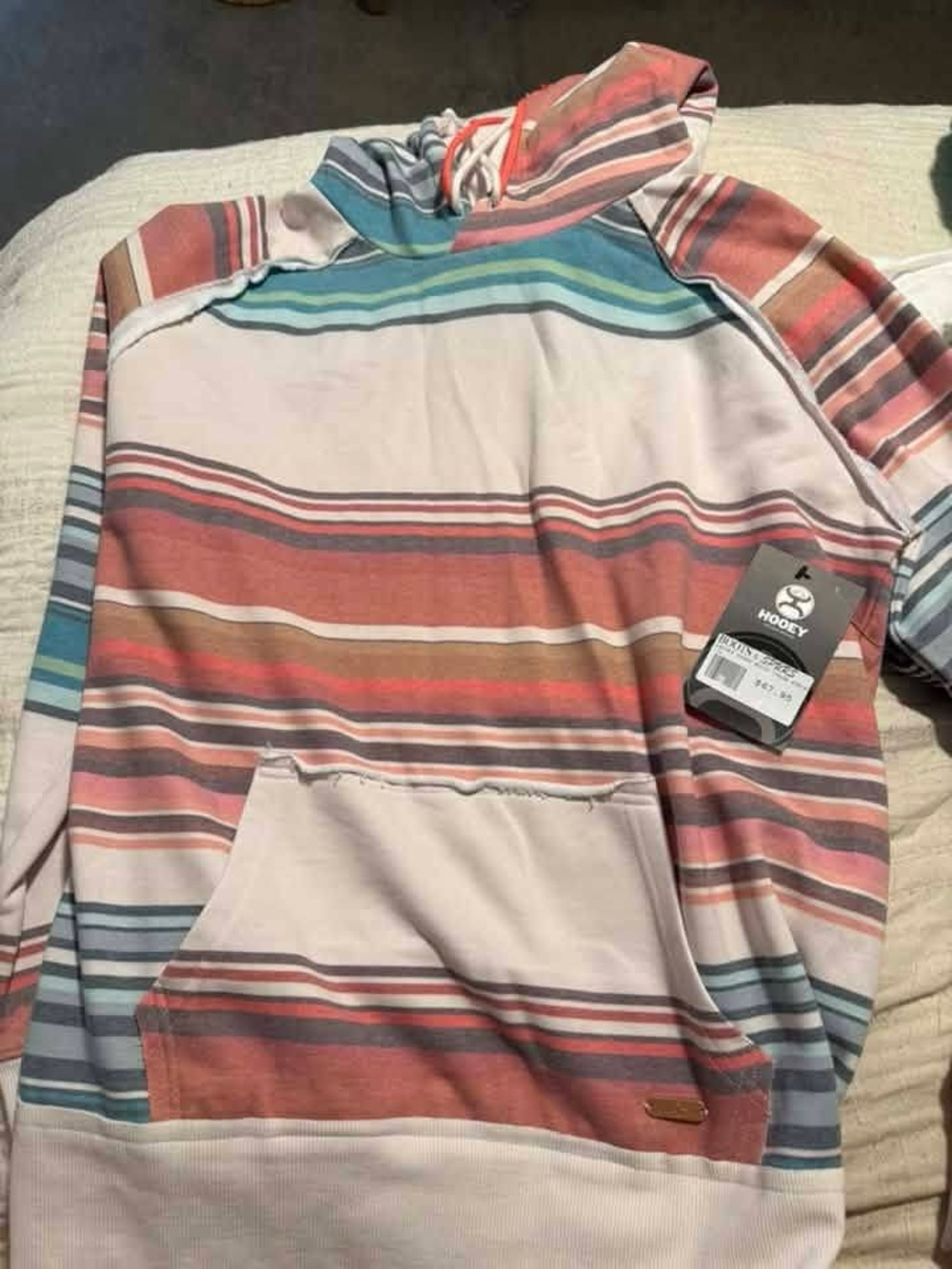 Hooey women's Striped Crewneck Hoodie in Coral, Blue and Cream
